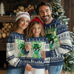 Retro St Patrick's Day Knit Sweatshirt One Lucky Dude Green Checkered Heart Groovy TS02 Navy Print Your Wear