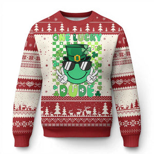 Retro St Patrick's Day Knit Sweatshirt One Lucky Dude Green Checkered Heart Groovy TS02 Red Print Your Wear