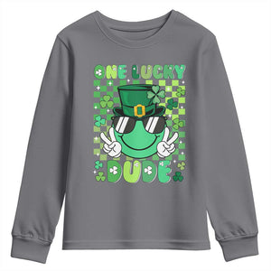 Retro St Patrick's Day Youth Sweatshirt One Lucky Dude Green Checkered Heart Groovy TS02 Charcoal Print Your Wear