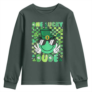 Retro St Patrick's Day Youth Sweatshirt One Lucky Dude Green Checkered Heart Groovy TS02 Dark Forest Green Print Your Wear