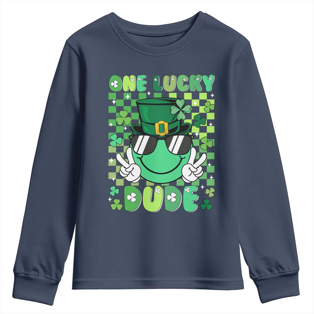 Retro St Patrick's Day Youth Sweatshirt One Lucky Dude Green Checkered Heart Groovy TS02 Navy Print Your Wear