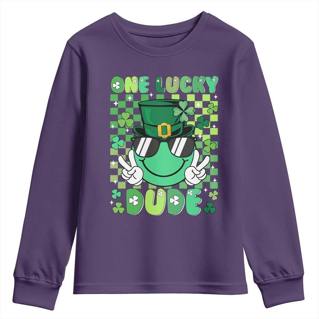 Retro St Patrick's Day Youth Sweatshirt One Lucky Dude Green Checkered Heart Groovy TS02 Purple Print Your Wear