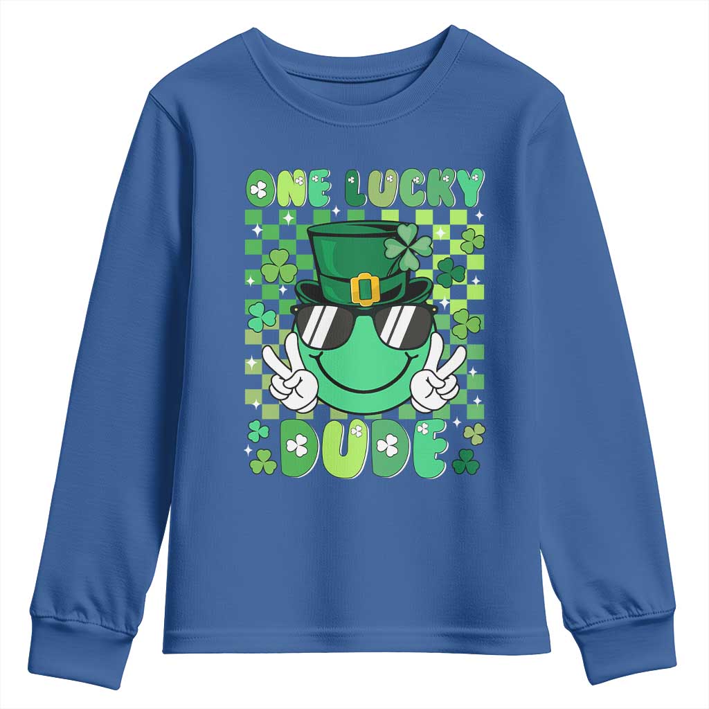 Retro St Patrick's Day Youth Sweatshirt One Lucky Dude Green Checkered Heart Groovy TS02 Royal Blue Print Your Wear