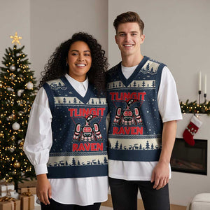 Tlingit Raven Totem V-Neck Knit Sweater Vest Alaska Native Tribal Art Design TS02 Navy Beige Print Your Wear
