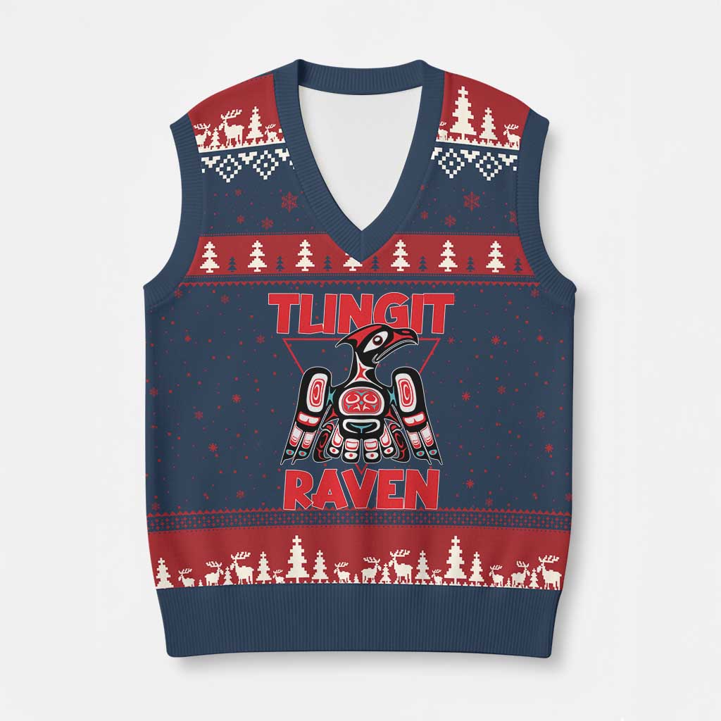 Tlingit Raven Totem V-Neck Knit Sweater Vest Alaska Native Tribal Art Design TS02 Navy Red Print Your Wear