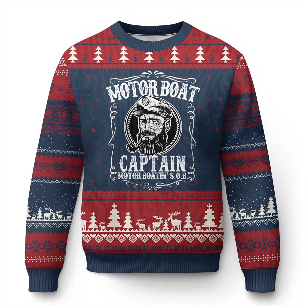 Motor Boat Captain Ugly Christmas Sweater Funny Boating Pontoon Party Motor Boatin Lake Life TS02 Navy Red Print Your Wear