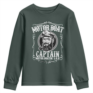 Motor Boat Captain Youth Sweatshirt Funny Boating Pontoon Party Motor Boatin Lake Life TS02 Dark Forest Green Print Your Wear