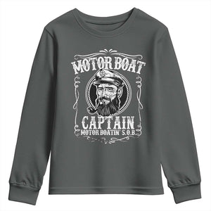 Motor Boat Captain Youth Sweatshirt Funny Boating Pontoon Party Motor Boatin Lake Life TS02 Dark Heather Print Your Wear