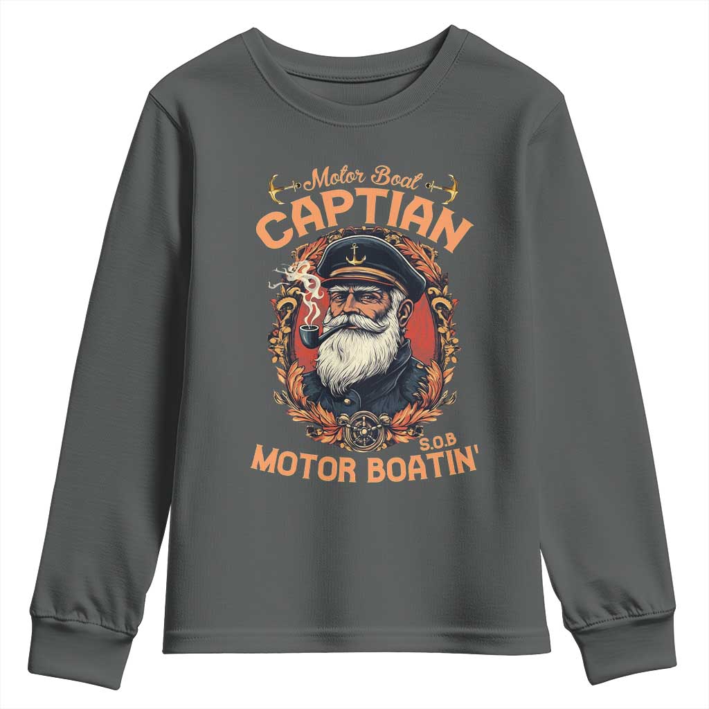 Funny Motor Boat Captain Youth Sweatshirt Pontoon SOB Motor Boating Vintage TS02 Dark Heather Print Your Wear