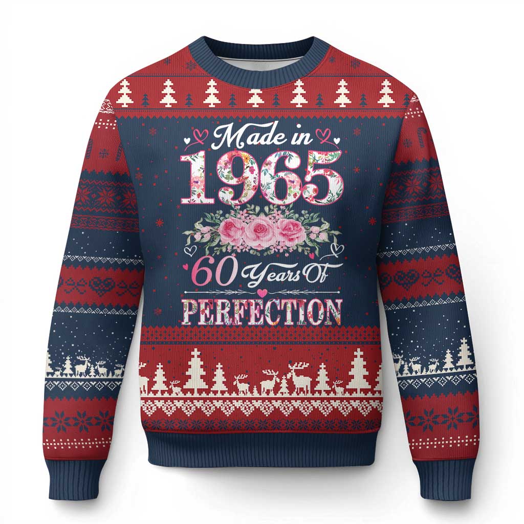 Happy 60th Birthday Floral Ugly Christmas Sweater Made In 1965 60 Years of Perfection TS02 Navy Red Print Your Wear