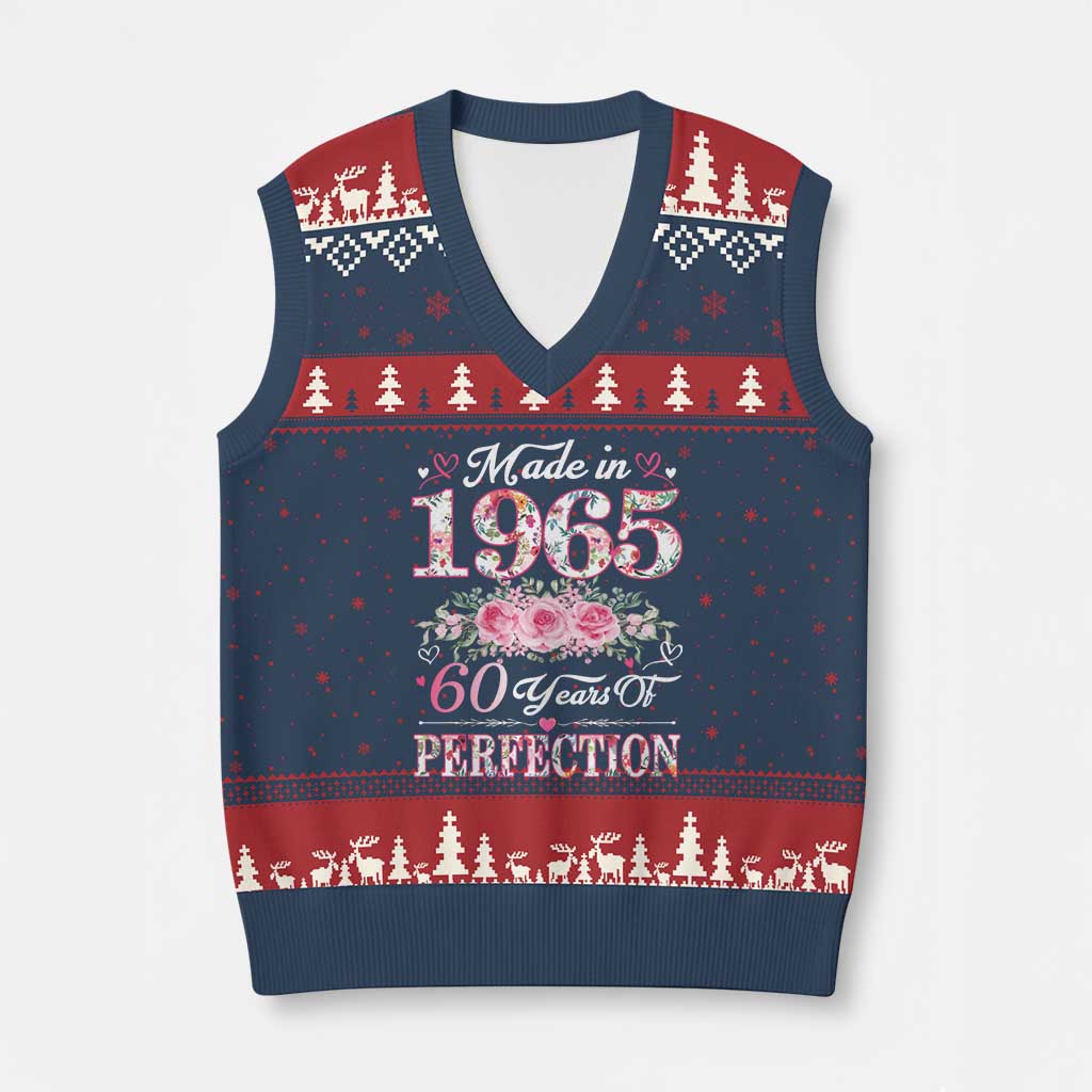Happy 60th Birthday Floral V-Neck Knit Sweater Vest Made In 1965 60 Years of Perfection TS02 Navy Red Print Your Wear