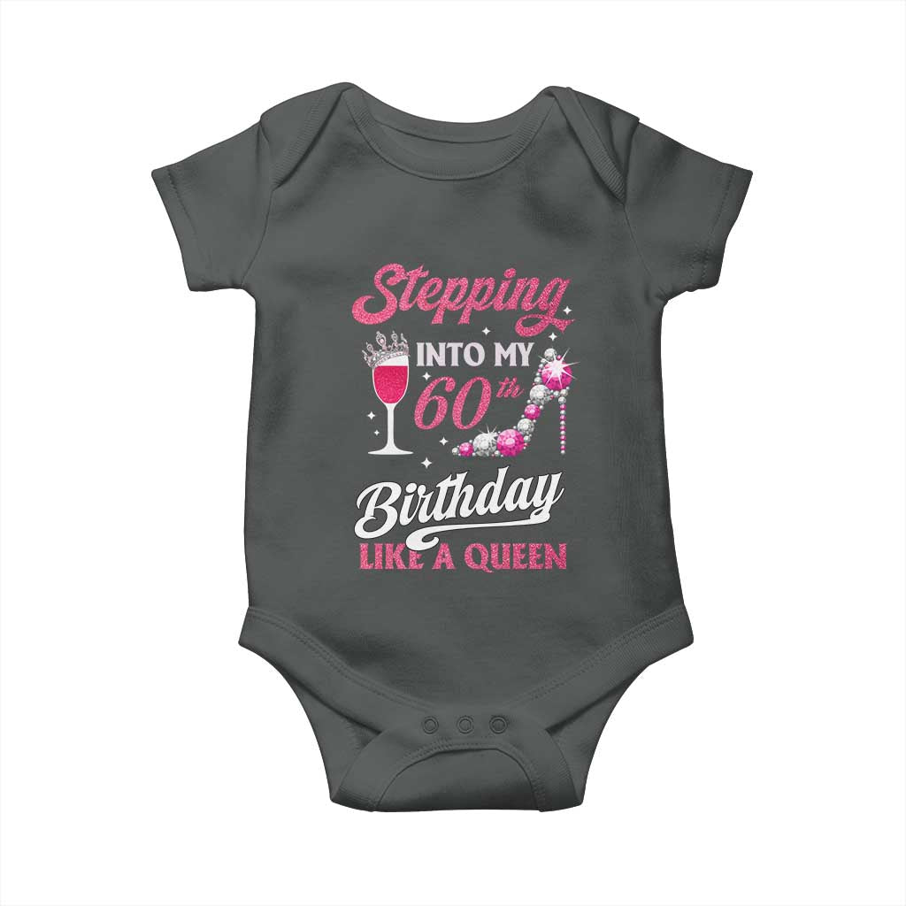 Stepping Into My 60th Birthday Baby Onesie Like A Queen Pink Wine Glass TS02 Dark Heather Print Your Wear