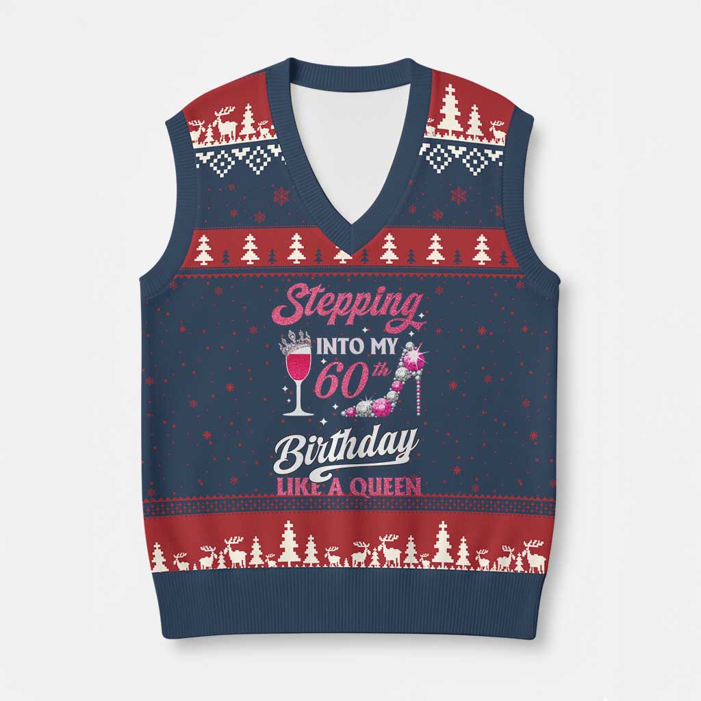 Stepping Into My 60th Birthday V-Neck Knit Sweater Vest Like A Queen Pink Wine Glass TS02 Navy Red Print Your Wear