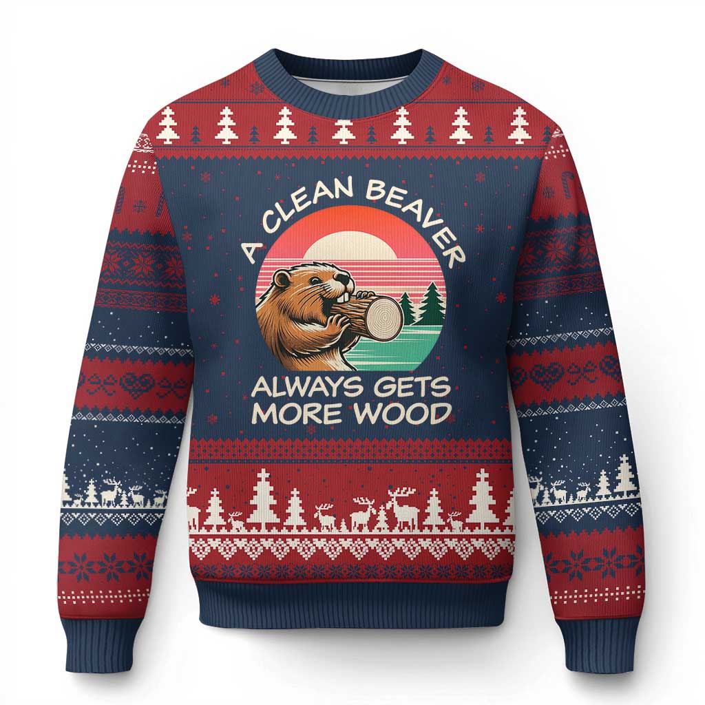 Funny Beaver Joke Ugly Christmas Sweater A Clean Beaver Always Gets More Wood Adult Humor TS02 Navy Red Print Your Wear