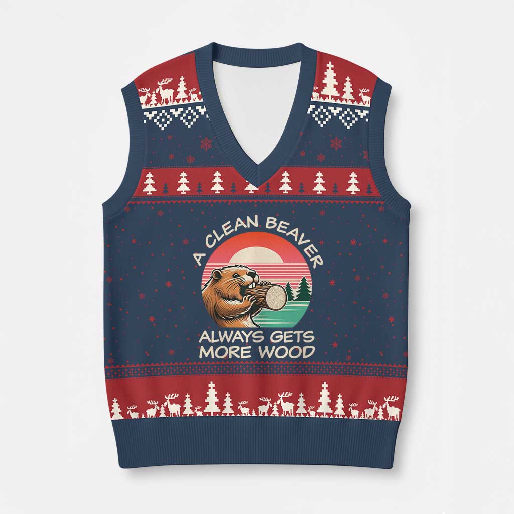 Funny Beaver Joke V-Neck Knit Sweater Vest A Clean Beaver Always Gets More Wood Adult Humor TS02 Navy Red Print Your Wear