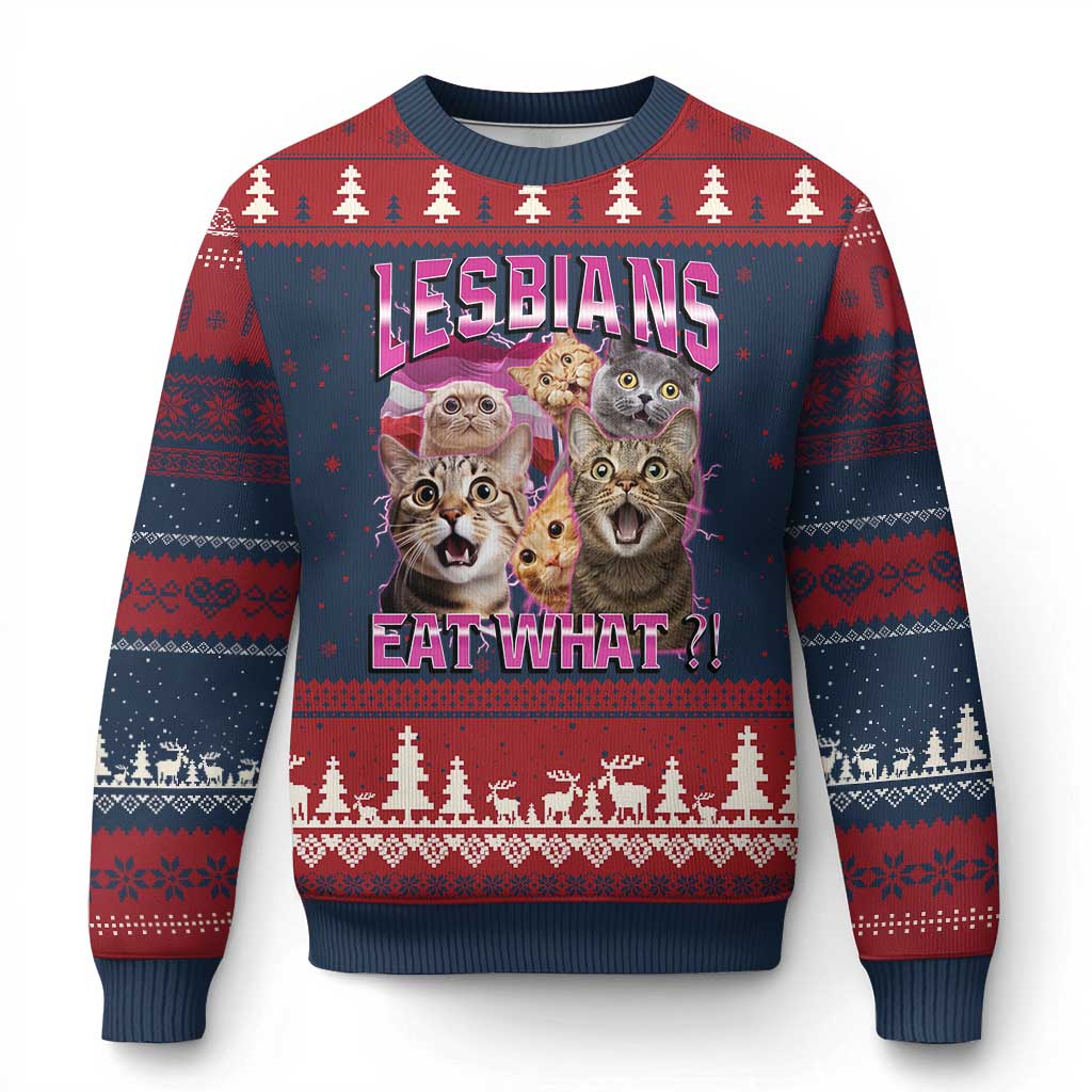 Lesbians Eat What Ugly Christmas Sweater Funny LGBTQ+ Pride Cats Meme Feline Lover Bootleg TS02 Navy Red Print Your Wear