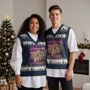 Lesbians Eat What V-Neck Knit Sweater Vest Funny LGBTQ+ Pride Cats Meme Feline Lover Bootleg TS02 Navy Beige Print Your Wear