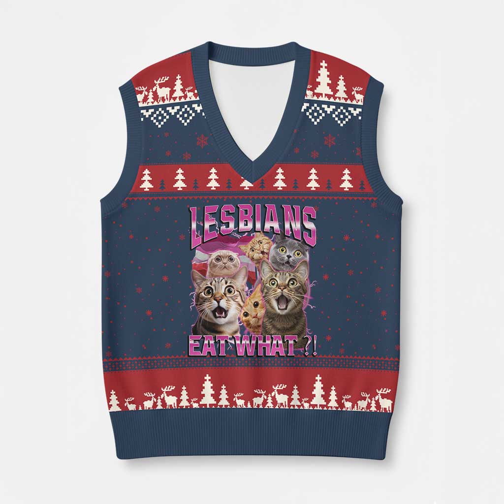 Lesbians Eat What V-Neck Knit Sweater Vest Funny LGBTQ+ Pride Cats Meme Feline Lover Bootleg TS02 Navy Red Print Your Wear