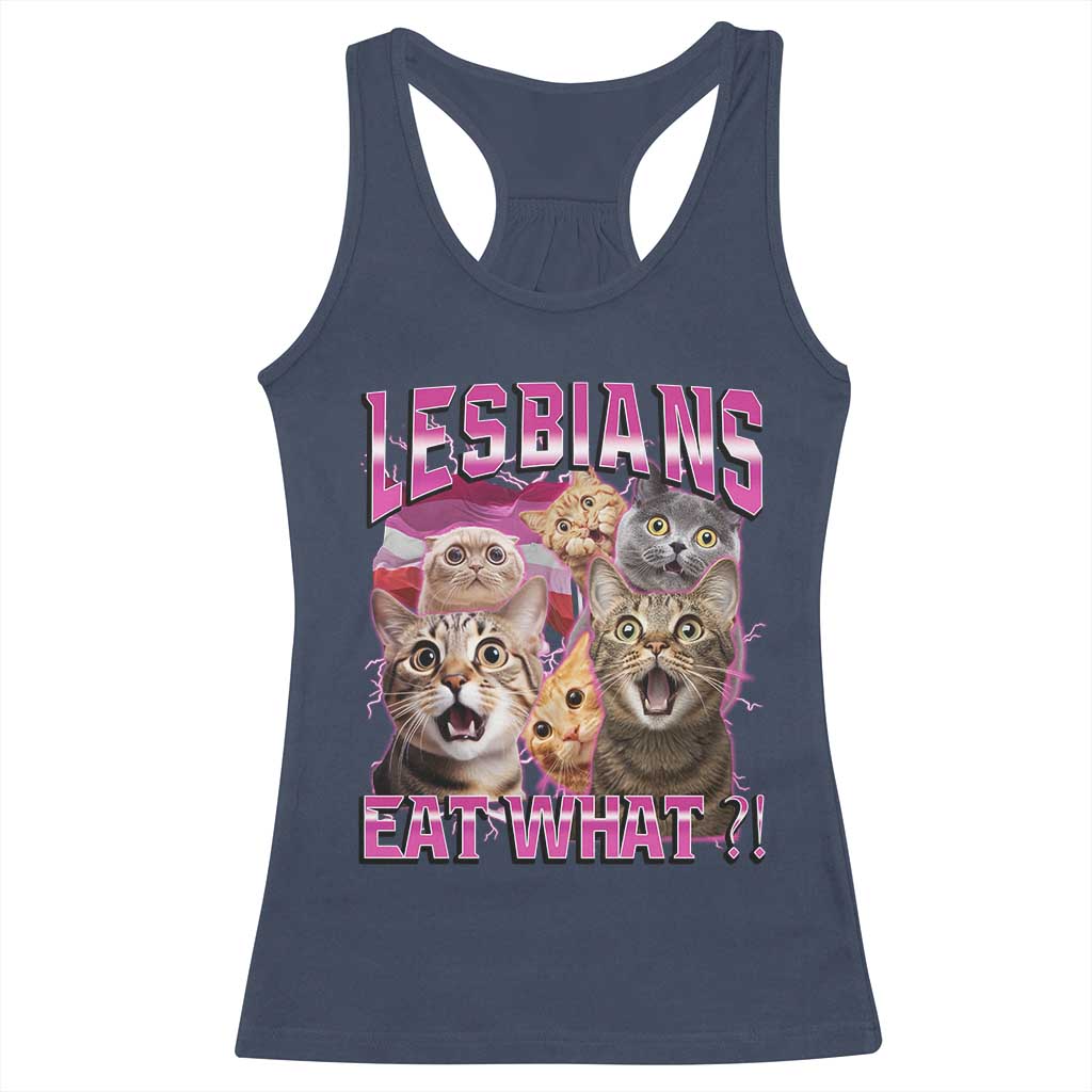 Lesbians Eat What Racerback Tank Top Funny LGBTQ+ Pride Cats Meme Feline Lover Bootleg TS02 Navy Print Your Wear