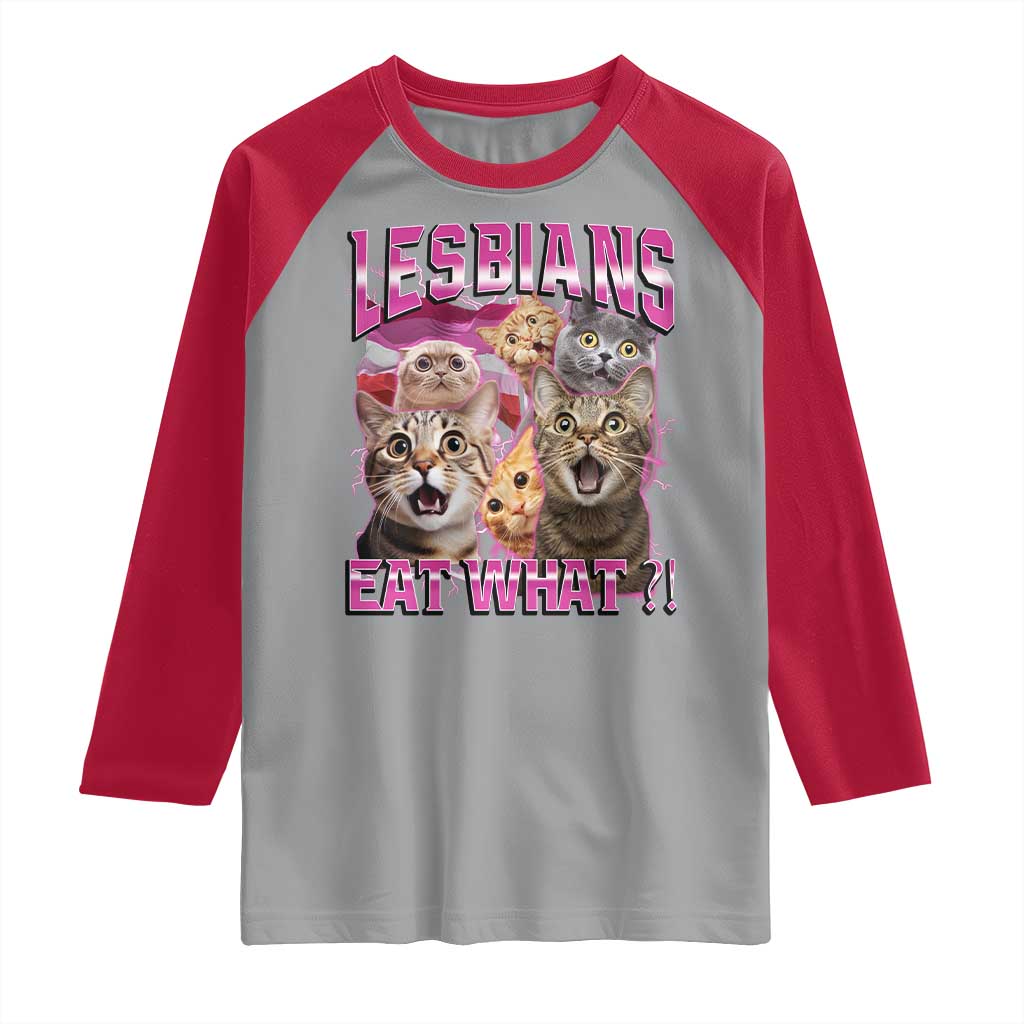 Lesbians Eat What Raglan Shirt Funny LGBTQ+ Pride Cats Meme Feline Lover Bootleg TS02 Sport Gray Red Print Your Wear