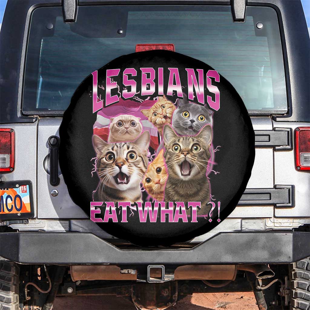 Lesbians Eat What Spare Tire Cover Funny LGBTQ+ Pride Cats Meme Feline Lover Bootleg TS02 No hole Black Print Your Wear