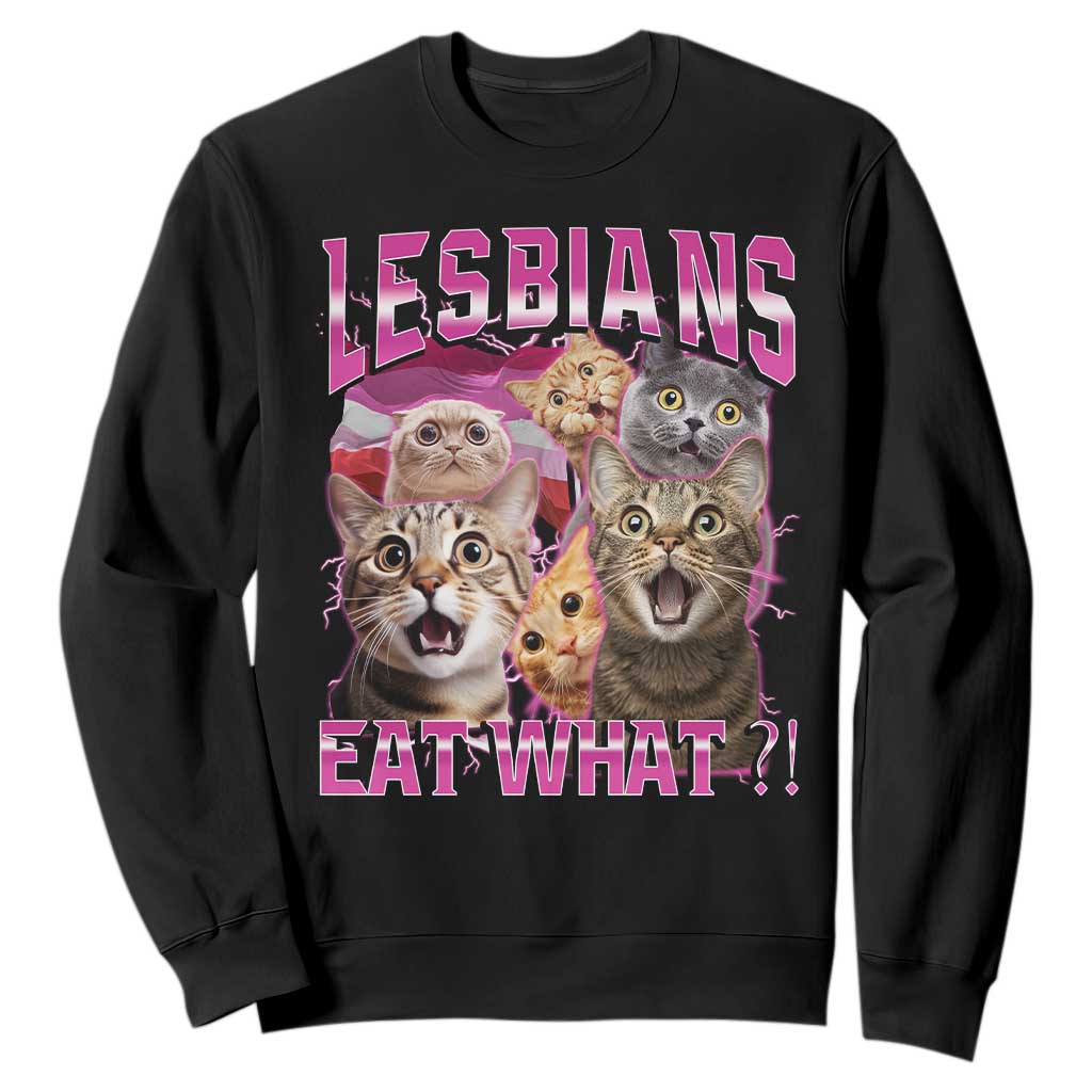 Lesbians Eat What Sweatshirt Funny LGBTQ+ Pride Cats Meme Feline Lover Bootleg TS02 Black Print Your Wear