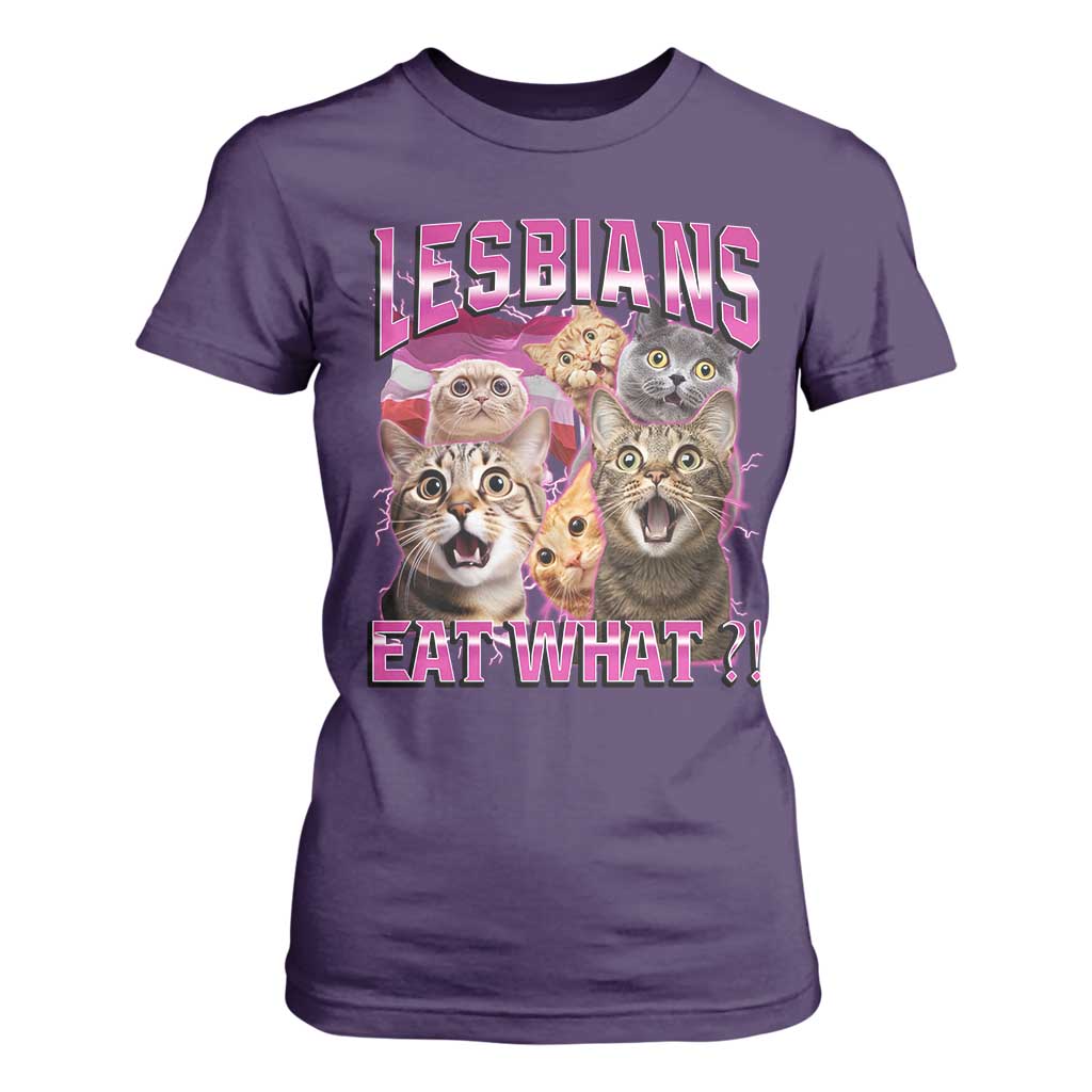 Lesbians Eat What T Shirt For Women Funny LGBTQ+ Pride Cats Meme Feline Lover Bootleg TS02 Purple Print Your Wear