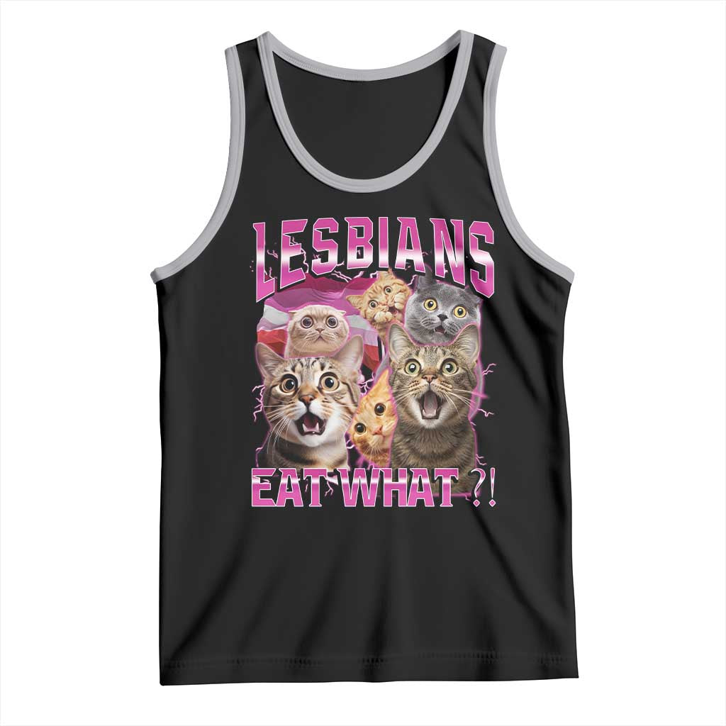 Lesbians Eat What Tank Top Funny LGBTQ+ Pride Cats Meme Feline Lover Bootleg TS02 Black Athletic Heather Print Your Wear