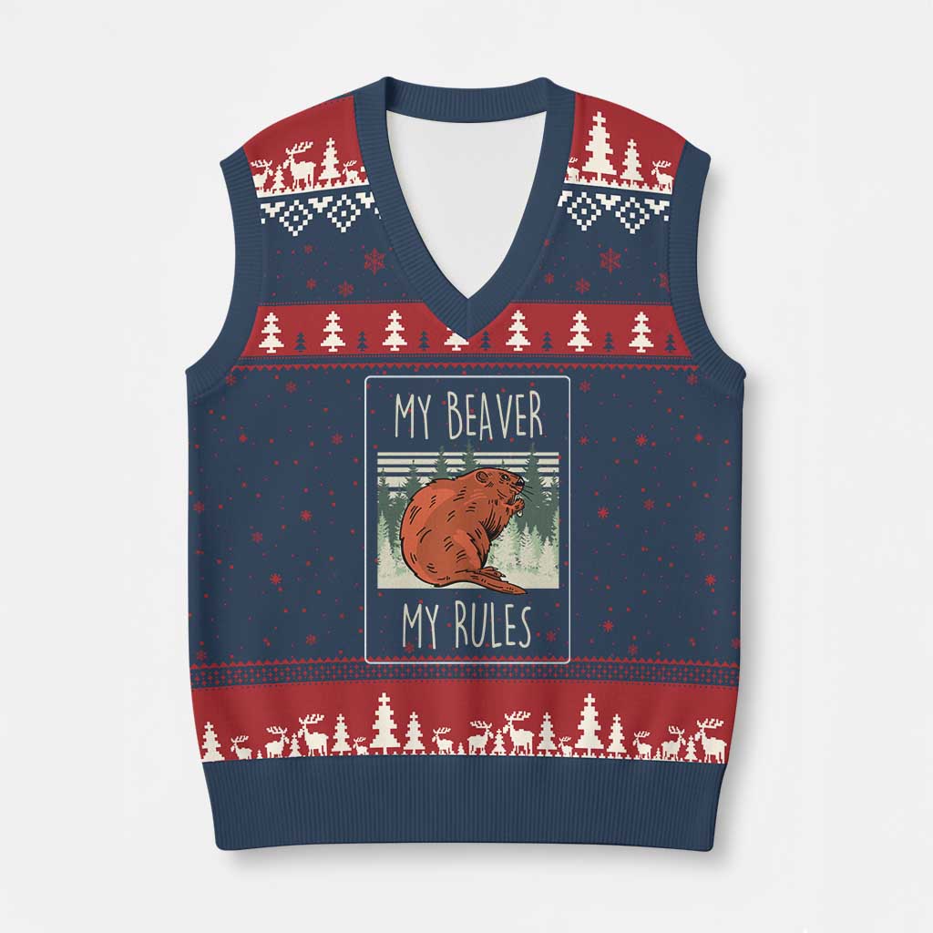 My Beaver My Rules V-Neck Knit Sweater Vest Funny Beaver Outdoor Nature Lover TS02 Navy Red Print Your Wear