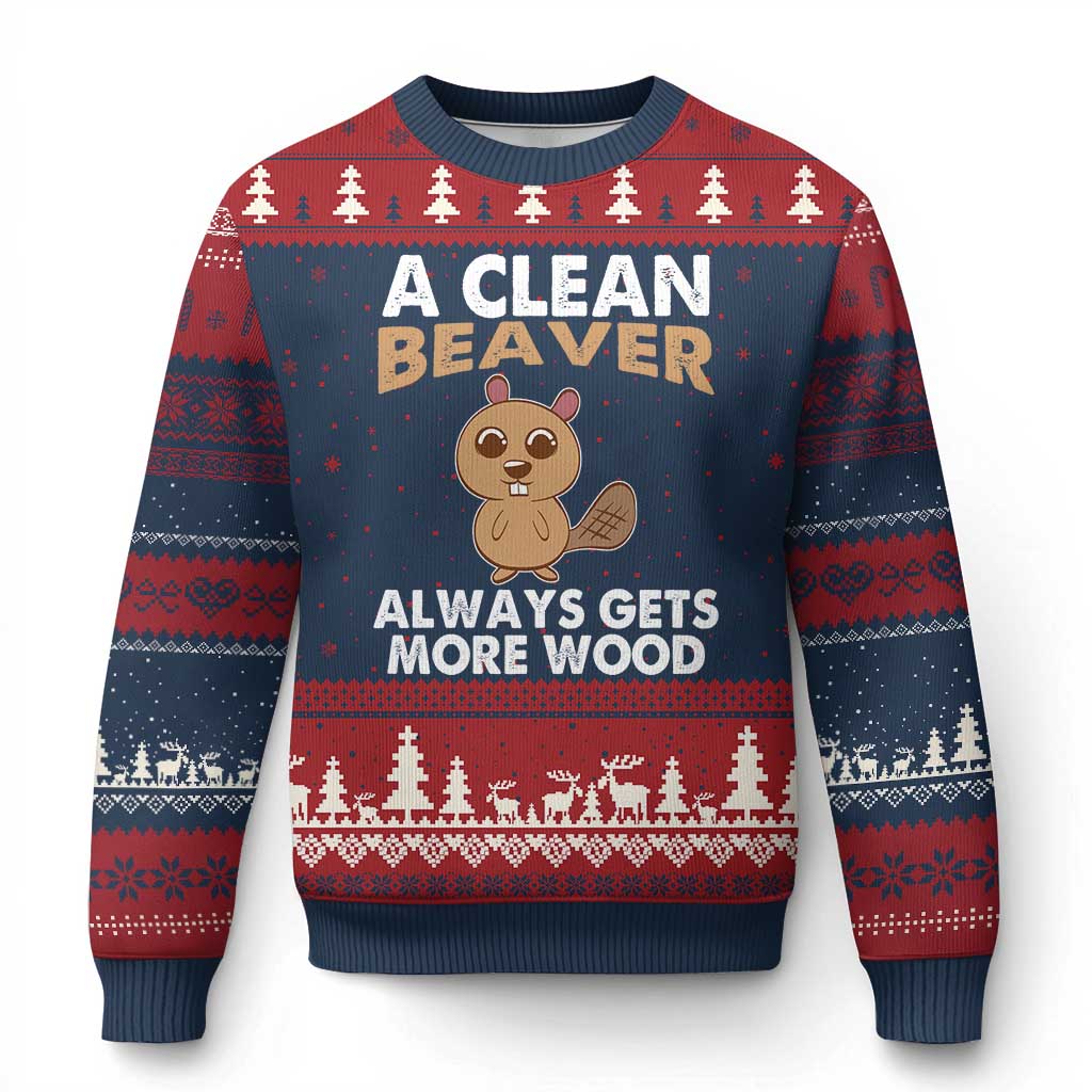 Funny Beaver Adult Humor Ugly Christmas Sweater A Clean Beaver Always Get More Wood TS02 Navy Red Print Your Wear