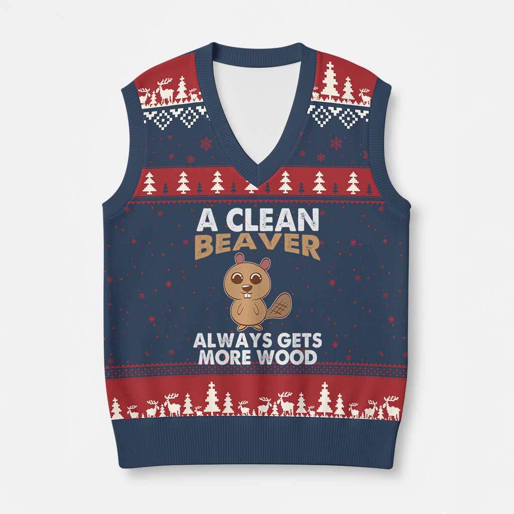 Funny Beaver Adult Humor V-Neck Knit Sweater Vest A Clean Beaver Always Get More Wood TS02 Navy Red Print Your Wear