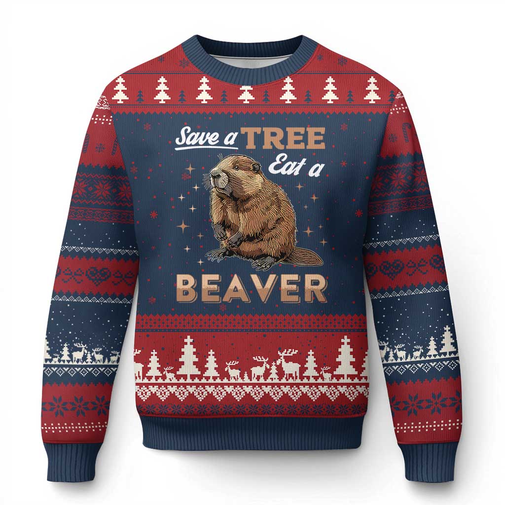 Funny Beaver Ugly Christmas Sweater Save A Tree Eat A Beaver TS02 Navy Red Print Your Wear