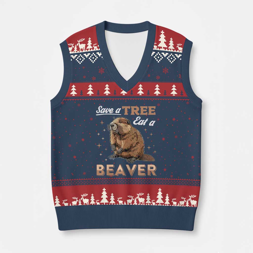 Funny Beaver V-Neck Knit Sweater Vest Save A Tree Eat A Beaver TS02 Navy Red Print Your Wear