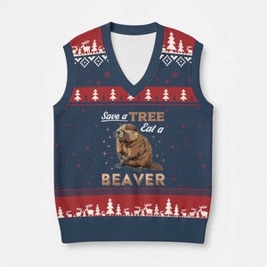 Funny Beaver V-Neck Knit Sweater Vest Save A Tree Eat A Beaver TS02 Navy Red Print Your Wear
