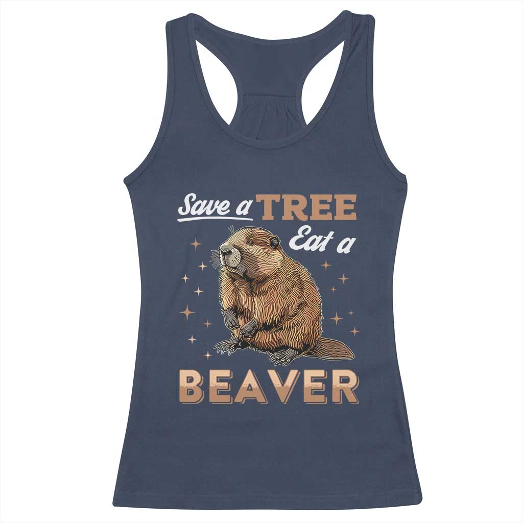 Funny Beaver Racerback Tank Top Save A Tree Eat A Beaver TS02 Navy Print Your Wear