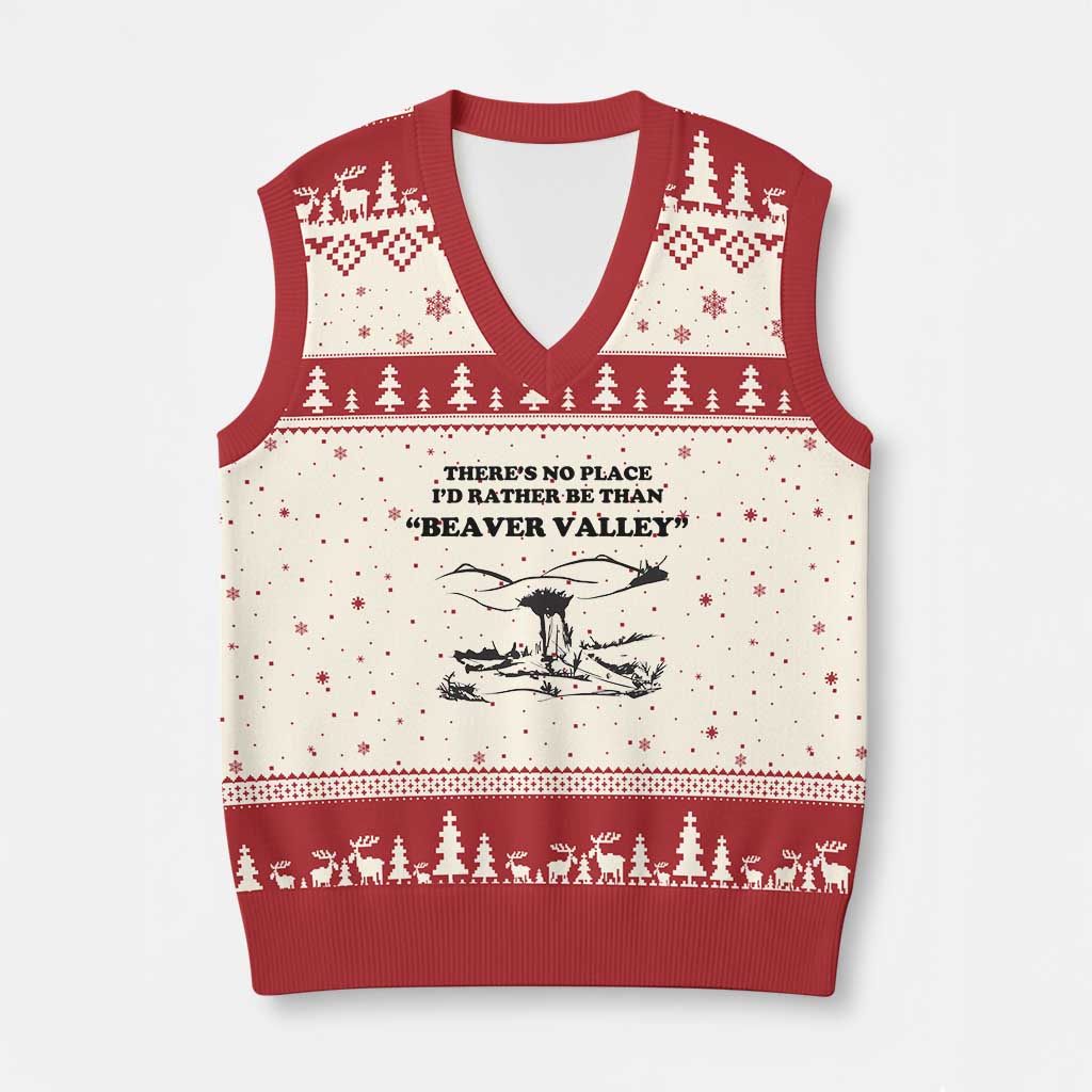 Funny Beaver Valley V-Neck Knit Sweater Vest Theres No Place I'd Rather Be Adult Humor TS02 Beige Red Print Your Wear