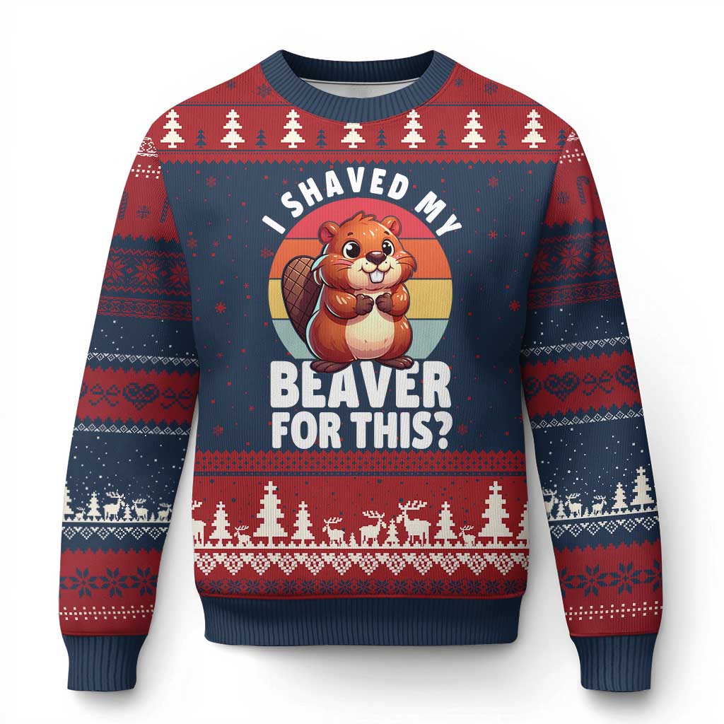 I Shaved My Beaver Ugly Christmas Sweater Inappropriate Adult Humor Naughty TS02 Navy Red Print Your Wear