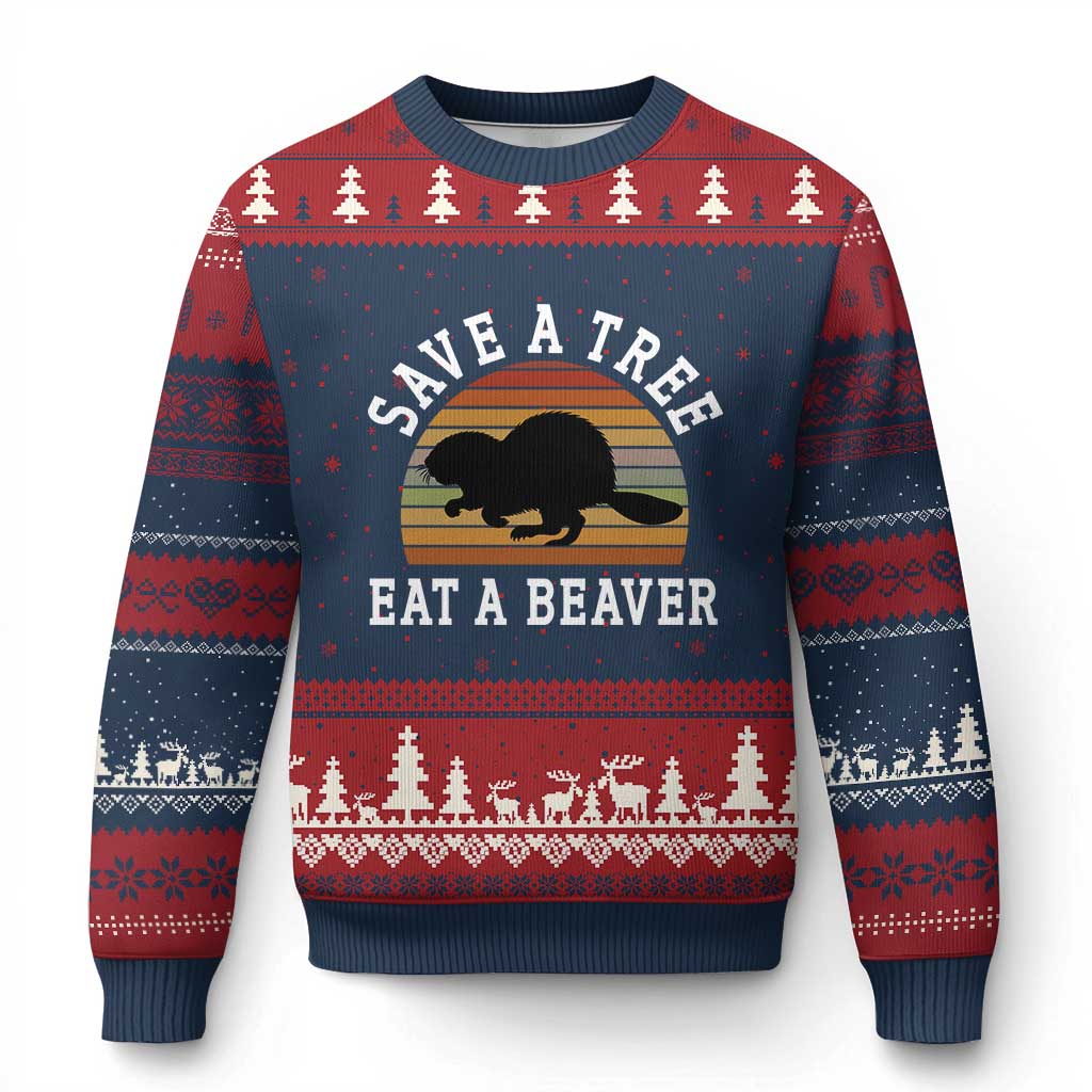 Save A Tree Eat A Beaver Ugly Christmas Sweater Funny Ironic Beaver TS02 Navy Red Print Your Wear