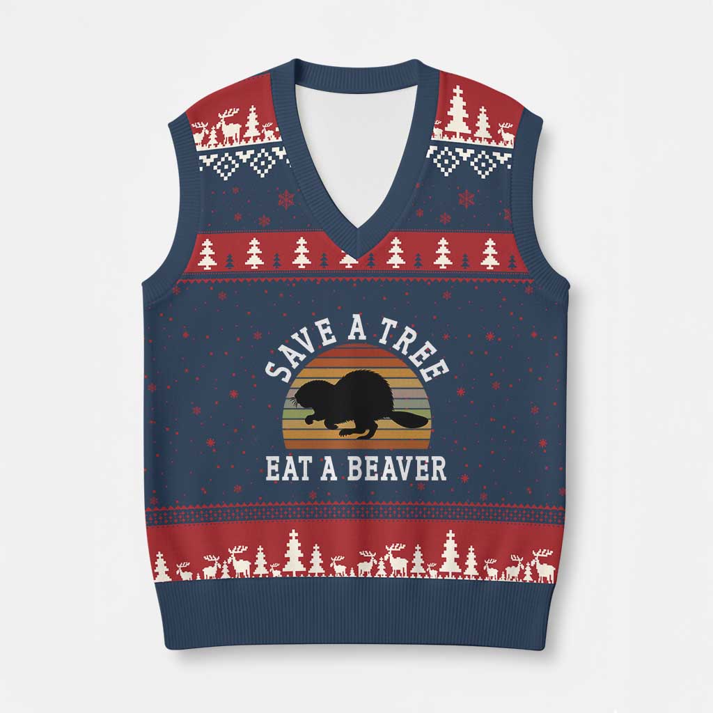 Save A Tree Eat A Beaver V-Neck Knit Sweater Vest Funny Ironic Beaver TS02 Navy Red Print Your Wear