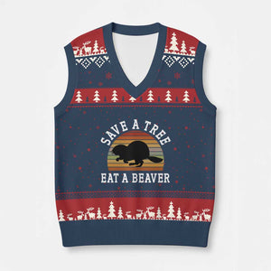 Save A Tree Eat A Beaver V-Neck Knit Sweater Vest Funny Ironic Beaver TS02 Navy Red Print Your Wear
