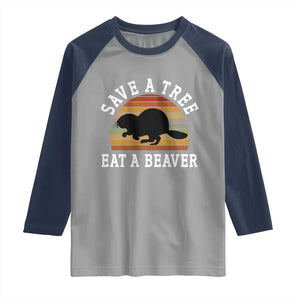 Save A Tree Eat A Beaver Raglan Shirt Funny Ironic Beaver TS02 Sport Gray Navy Print Your Wear
