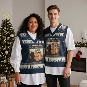 Funny Beaver V-Neck Knit Sweater Vest Cure For An Itchy Beaver Ask For A Friend Adult Humor TS02 Navy Beige Print Your Wear
