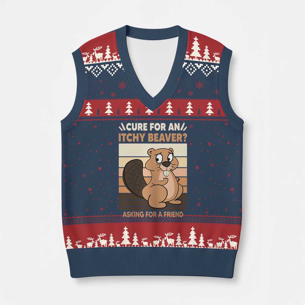 Funny Beaver V-Neck Knit Sweater Vest Cure For An Itchy Beaver Ask For A Friend Adult Humor TS02 Navy Red Print Your Wear