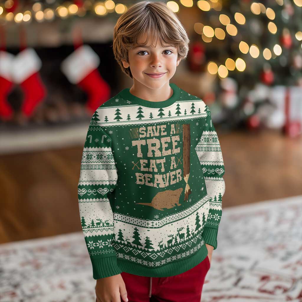 Funny Save A Tree Eat A Beaver Ugly Christmas Sweater Hunting Beavers Hunter TS02 Forest Green Beige Print Your Wear