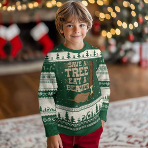 Funny Save A Tree Eat A Beaver Ugly Christmas Sweater Hunting Beavers Hunter TS02 Forest Green Beige Print Your Wear