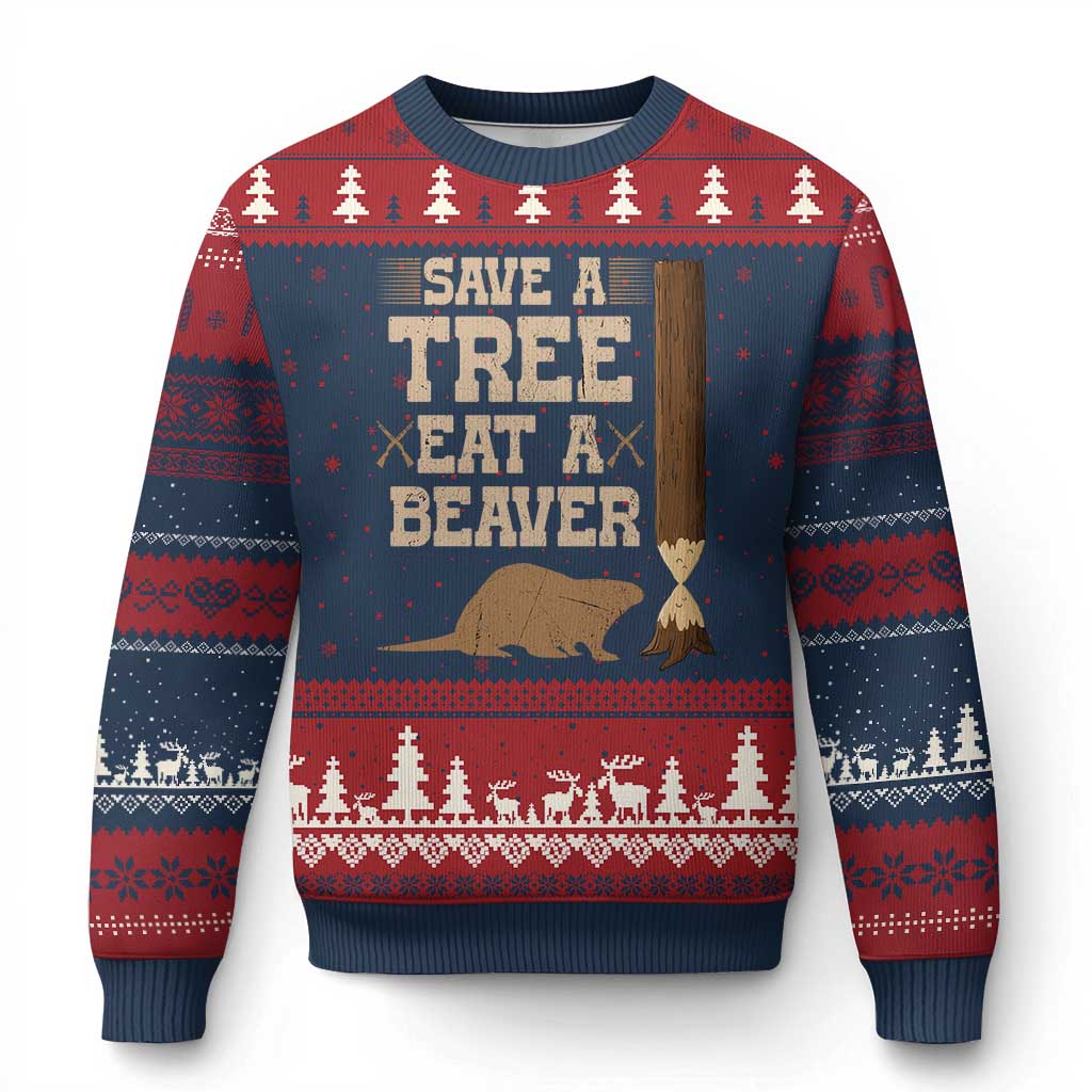 Funny Save A Tree Eat A Beaver Ugly Christmas Sweater Hunting Beavers Hunter TS02 Navy Red Print Your Wear