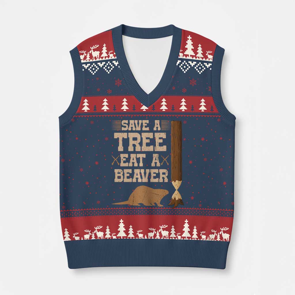 Funny Save A Tree Eat A Beaver V-Neck Knit Sweater Vest Hunting Beavers Hunter TS02 Navy Red Print Your Wear