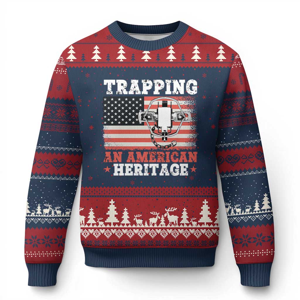 Trapping American Heritage Ugly Christmas Sweater Patriotic Trap Hunting Trapper TS02 Navy Red Print Your Wear