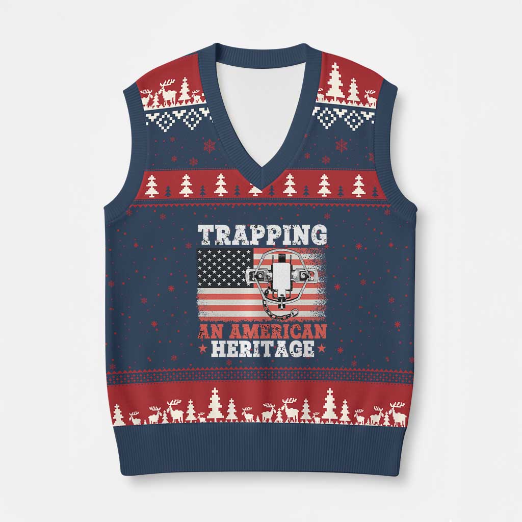 Trapping American Heritage V-Neck Knit Sweater Vest Patriotic Trap Hunting Trapper TS02 Navy Red Print Your Wear