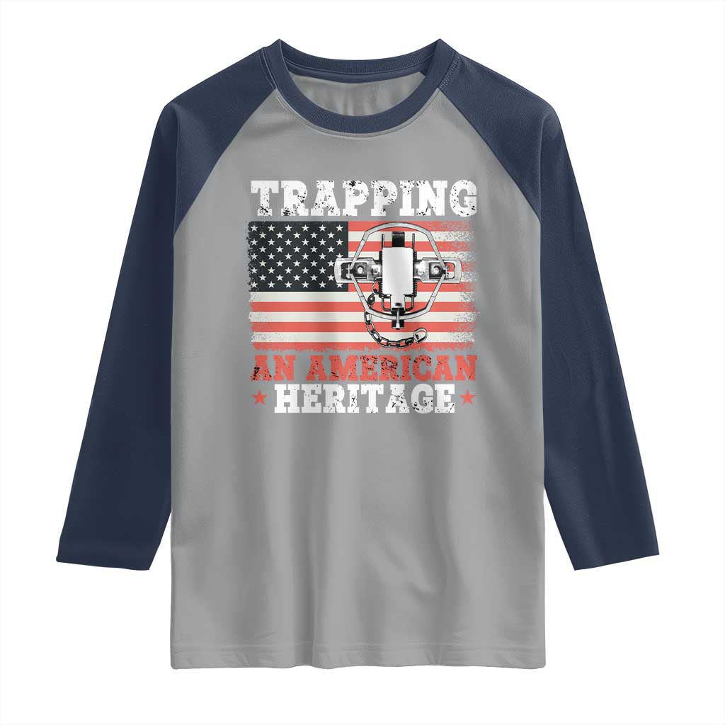 Trapping American Heritage Raglan Shirt Patriotic Trap Hunting Trapper TS02 Sport Gray Navy Print Your Wear